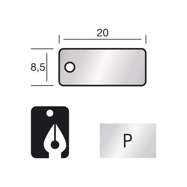 Štítky PVC s nití 71 764A, 20x8,5 mm, stříbrné, 100 ks