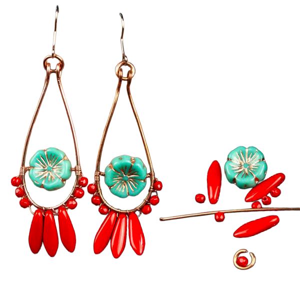 Náušnice tyrkysové květy v červené – balíček na tvoření