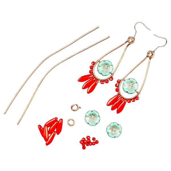 Náušnice tyrkysové květy v červené – balíček na tvoření
